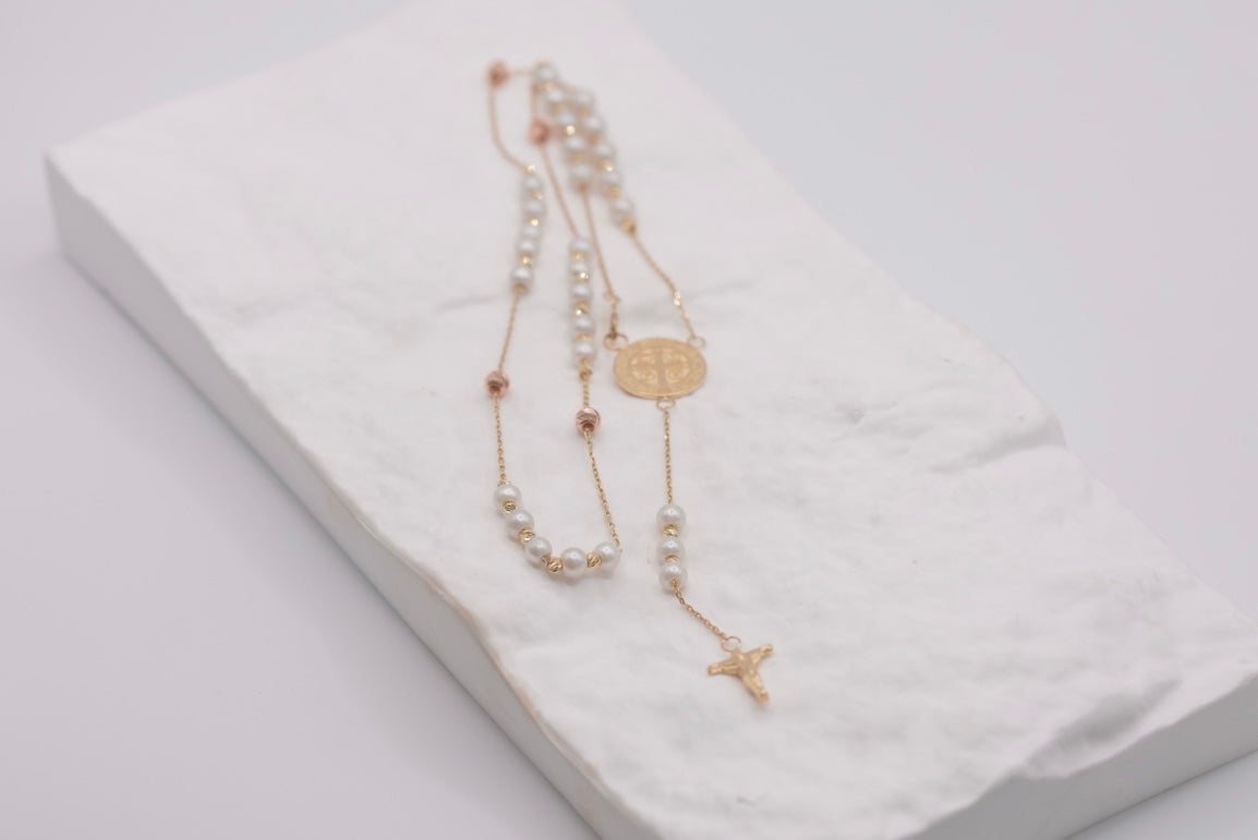 14k Women’s Rosary - Pearl & Faith