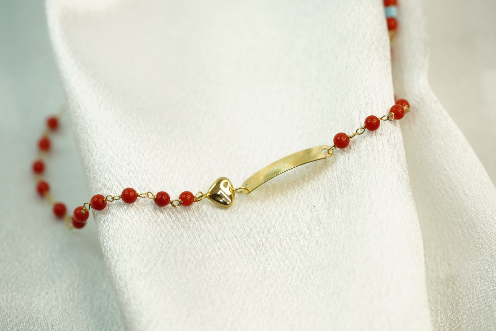 14k ID Heart Red Balls Bracelet