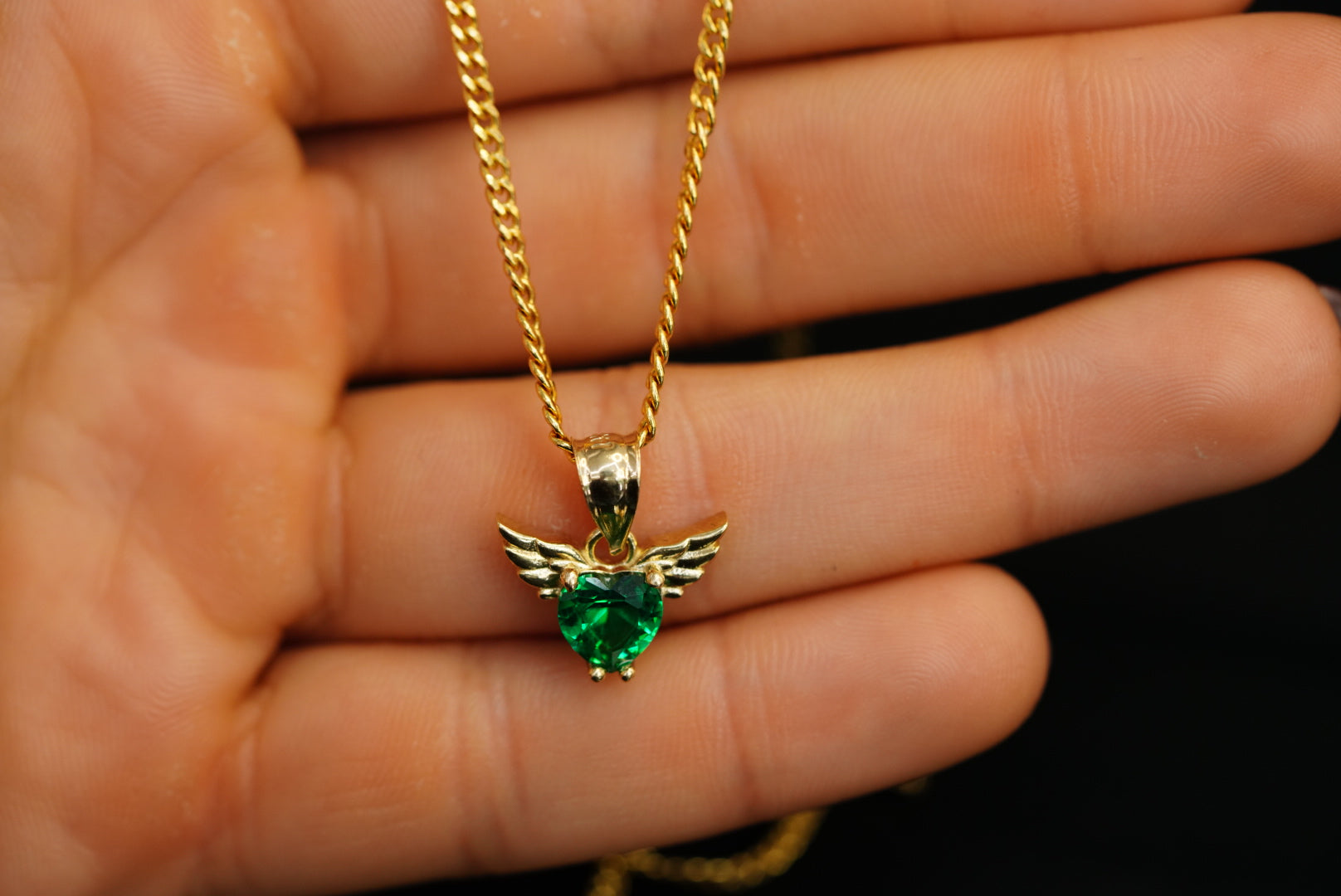 14k Green Heart Wings Pendant New