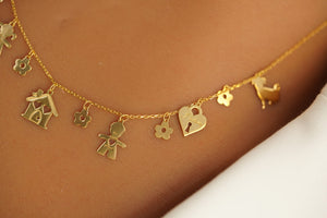 14k House and Kids Pendants Necklace