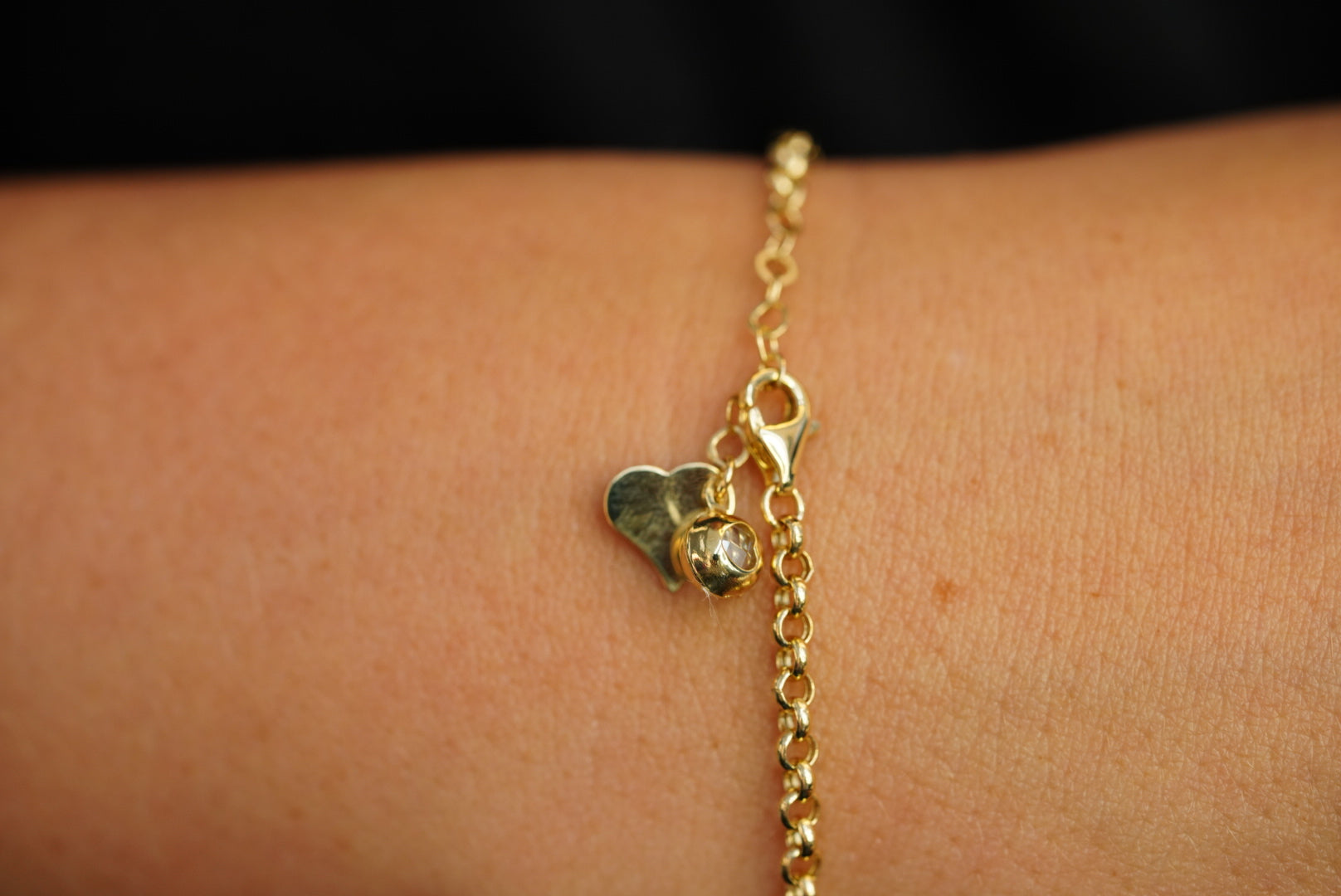 14k Rolo Flowers with Three Hearts Bracelet