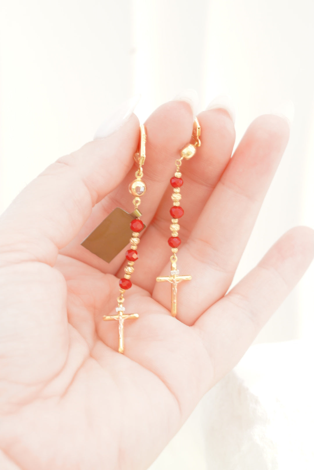 14k Earrings - Red Sphere Cross