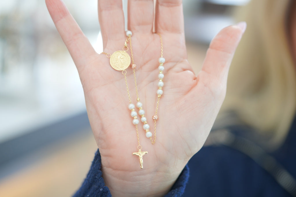 14k Women’s Rosary - Pearl & Faith