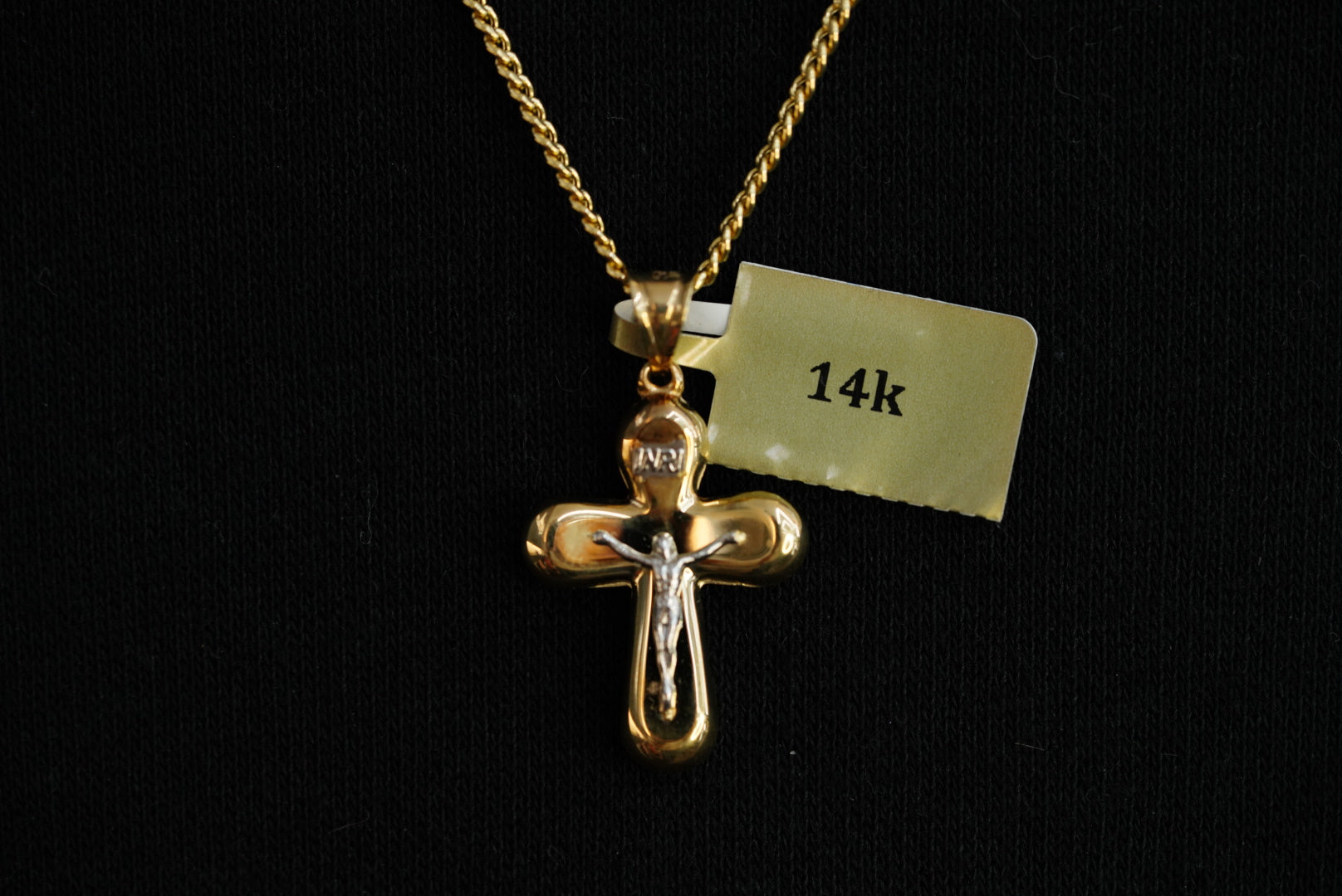 14k Two Gold Cross Pendant with Cuban Link Chain