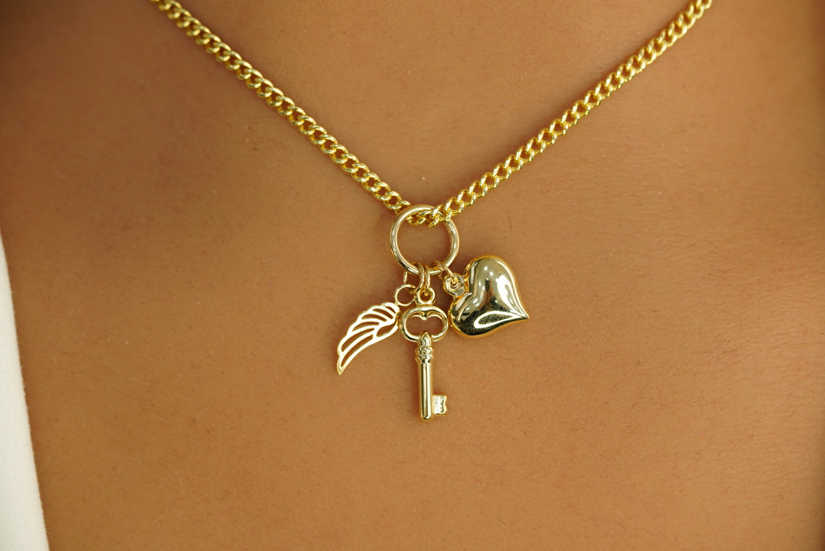 14k Key, Wing and Heart Cuban Link Chain with Pendant