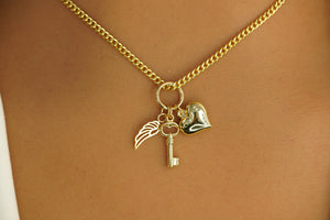 14k Key, Wing and Heart Cuban Link Chain with Pendant