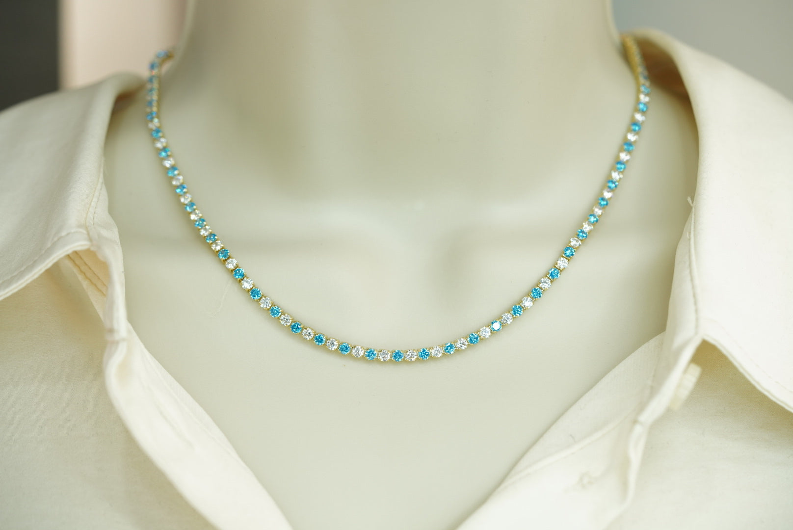 14k Crystals Blue or Pink Necklace