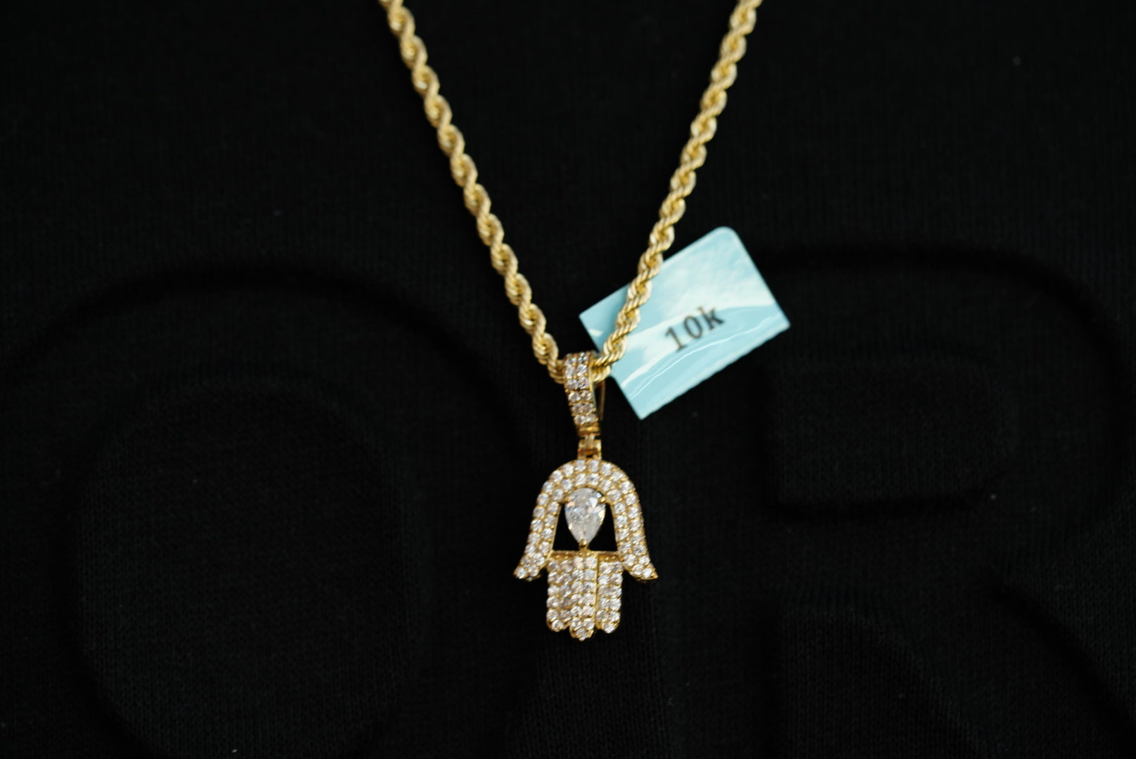 10k Crystals Hamsa Hand Pendant with Rope Chain