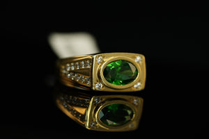 14k Rectangular with Green Oval Crystal Ring