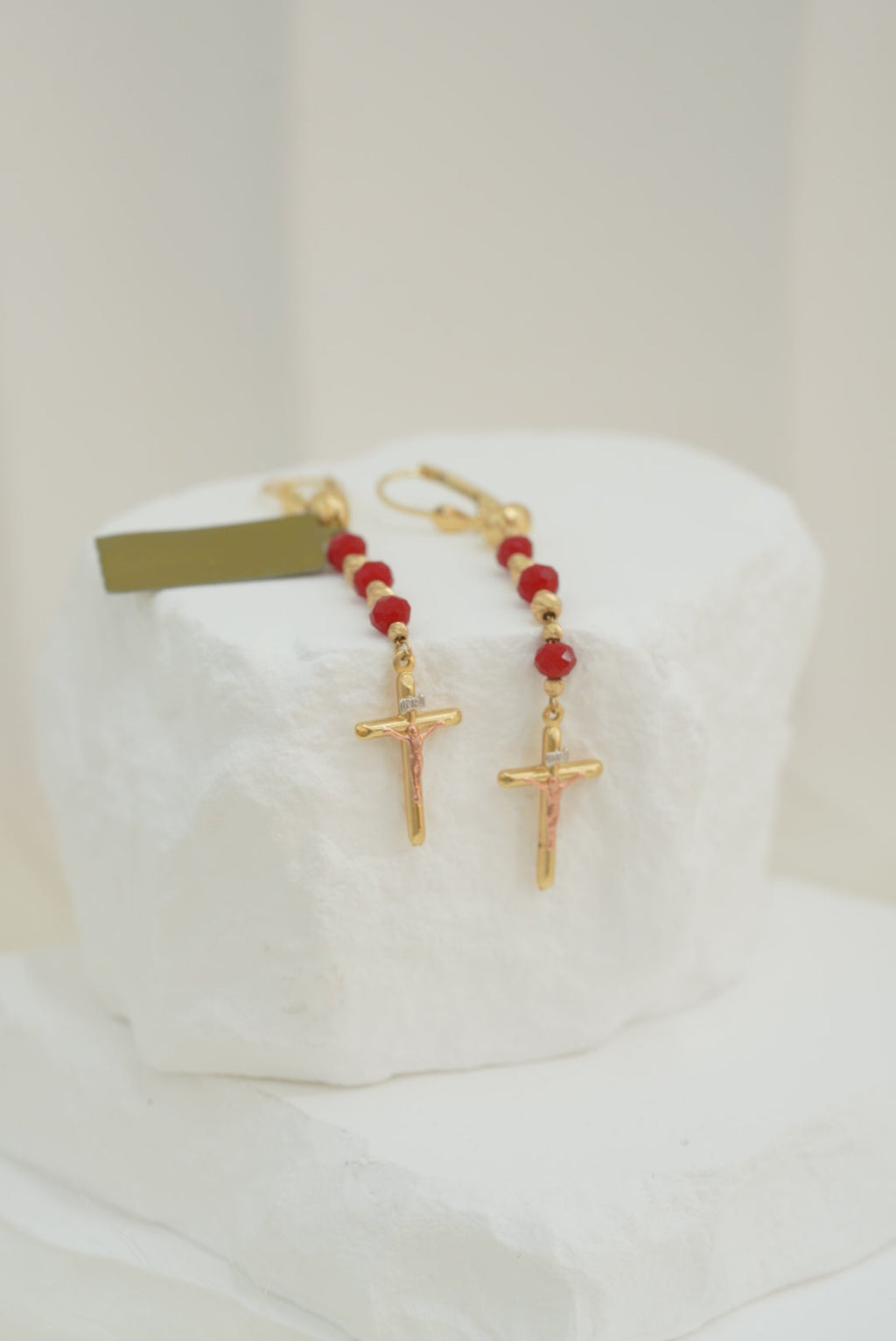 14k Earrings - Red Sphere Cross