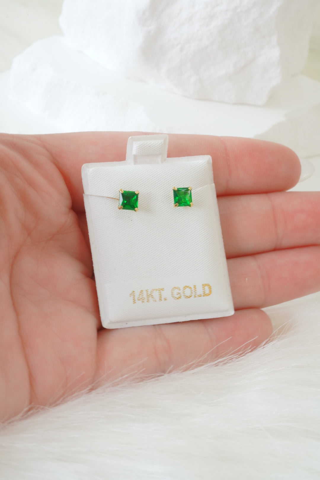 14k Baby Earrings - Green Square
