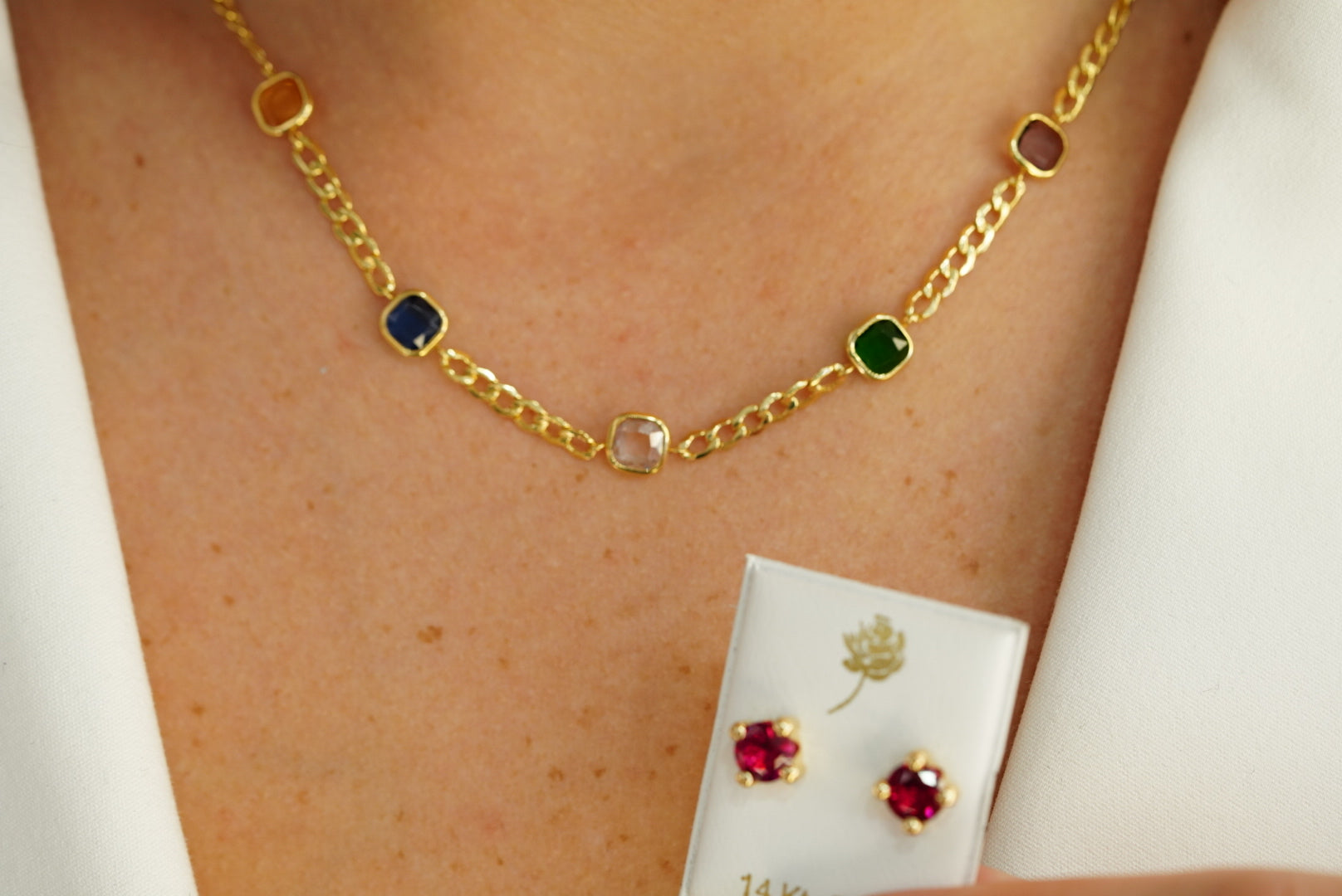 14k Color Stones Necklace & Earring