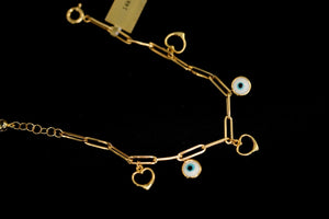 14k  Heart and Blue Eye pendants in Clip Bracelet