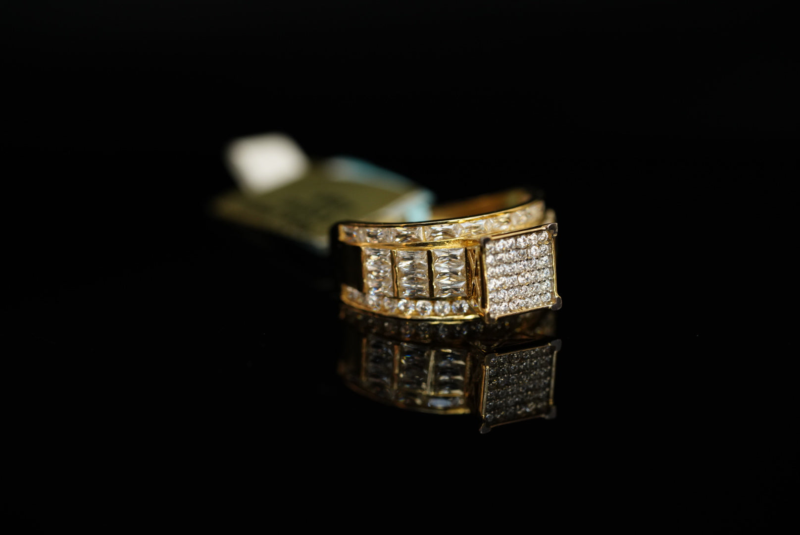 14k Square With Stones and Thick Band with Stones Ring