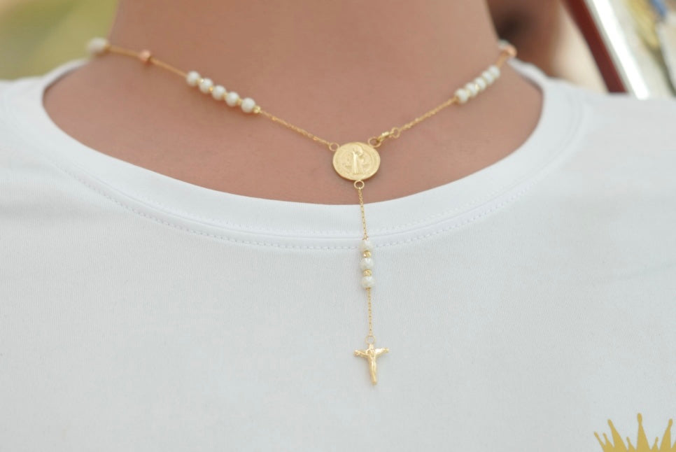 14k Women’s Rosary - Pearl & Faith