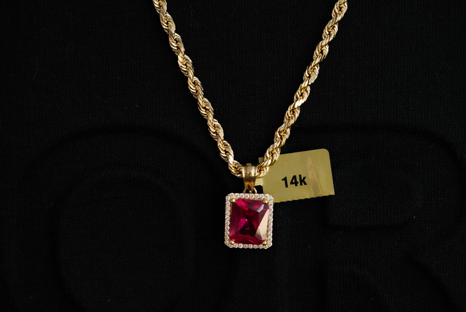 14k Red Crystal Pendant with Rope Chain