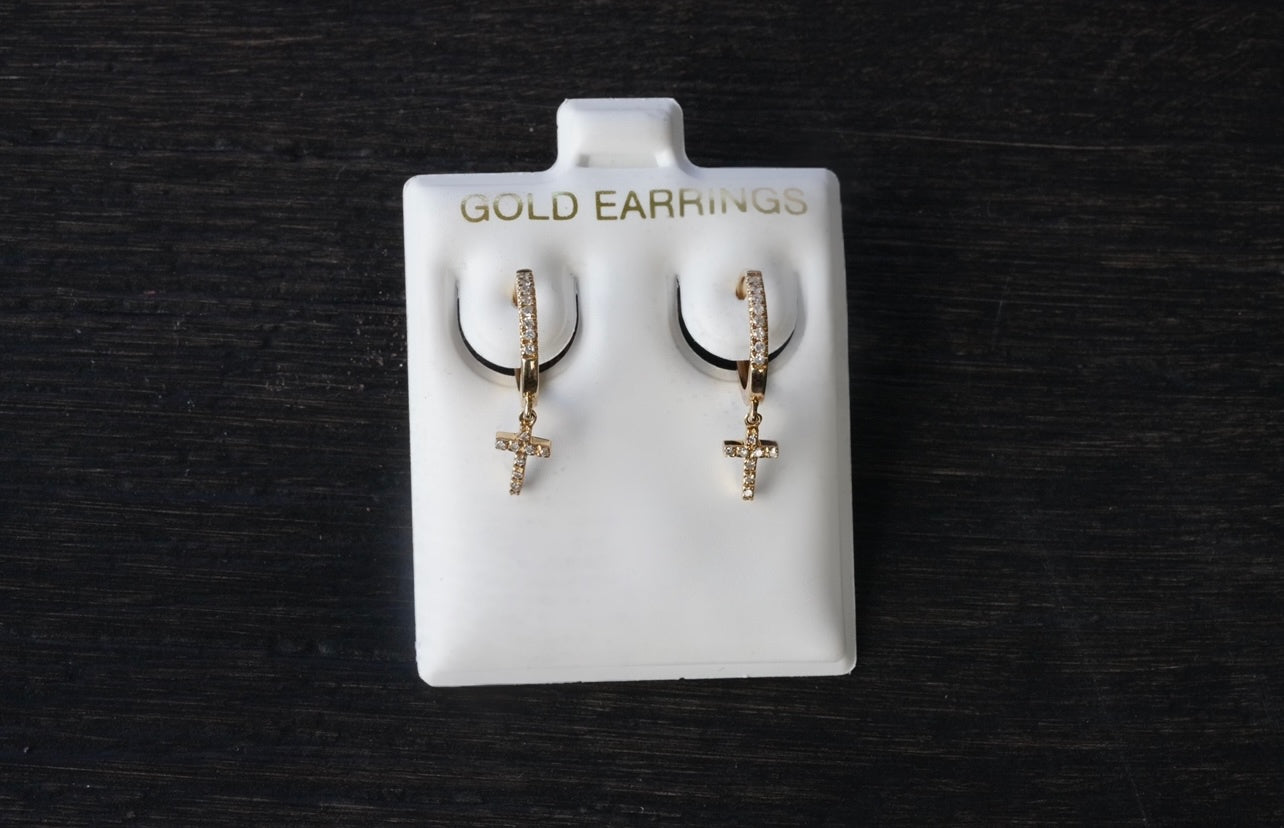 14k Aretes con argolla y crucifijos con diamantes - Italy Gold