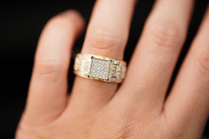 14k Square With Stones and Thick Band with Stones Ring