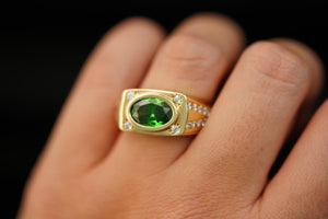 14k Rectangular with Green Oval Crystal Ring