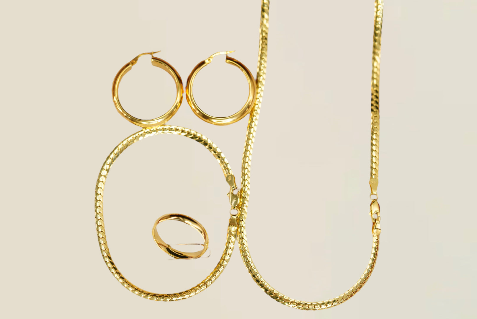 14k Bracelet, Necklace, Ring, Hoops Set