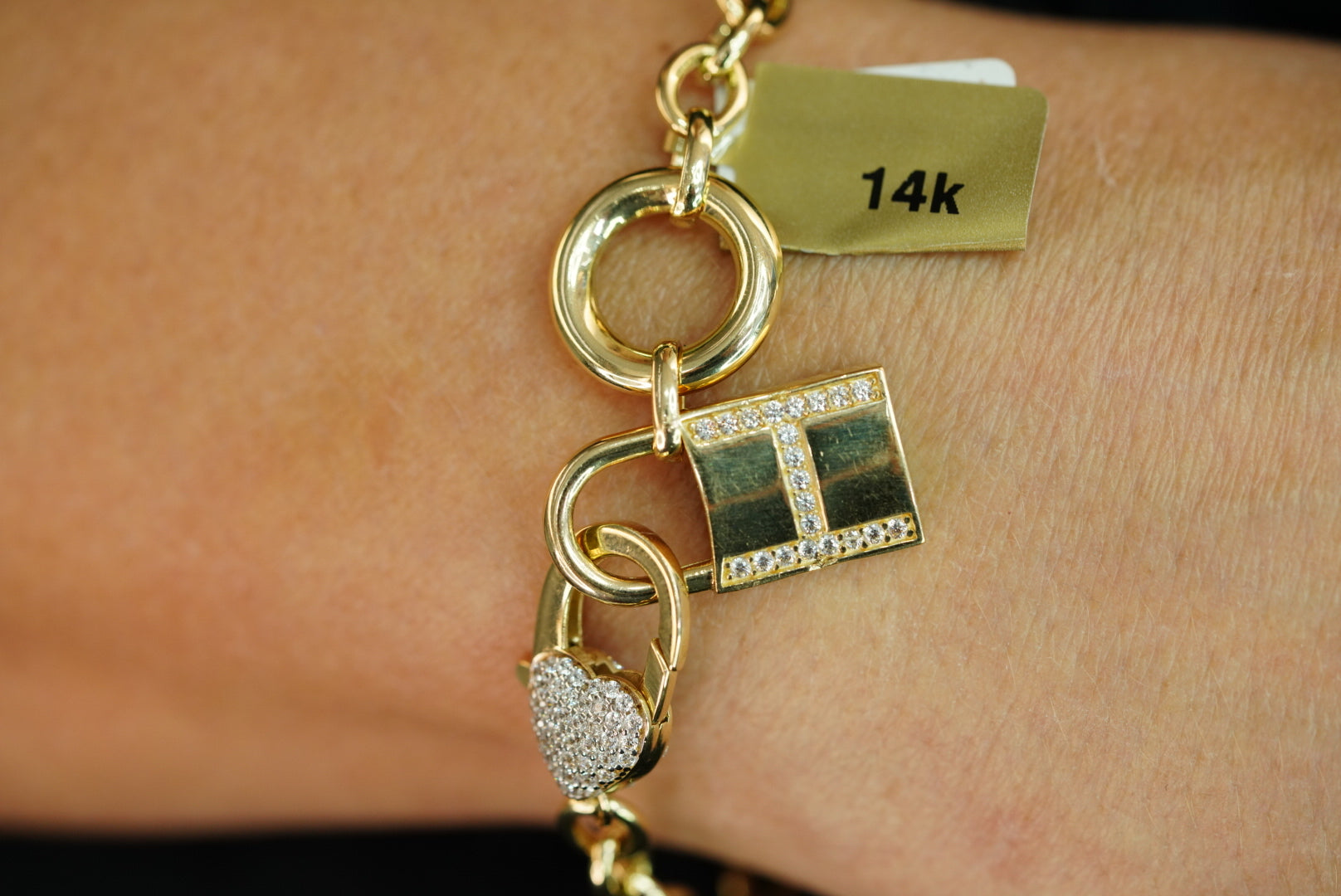 14k Heart Lock Crystals Bracelet