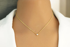 14k Crystal Heart Cuban Link Chain Necklace