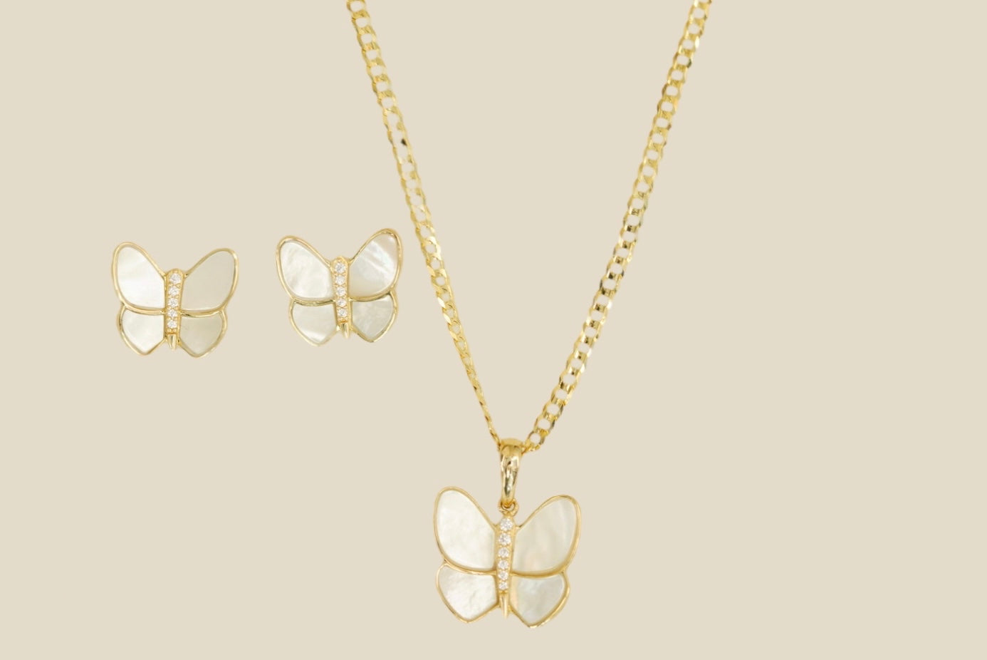 10k Butterfly Earrings & Necklace Set