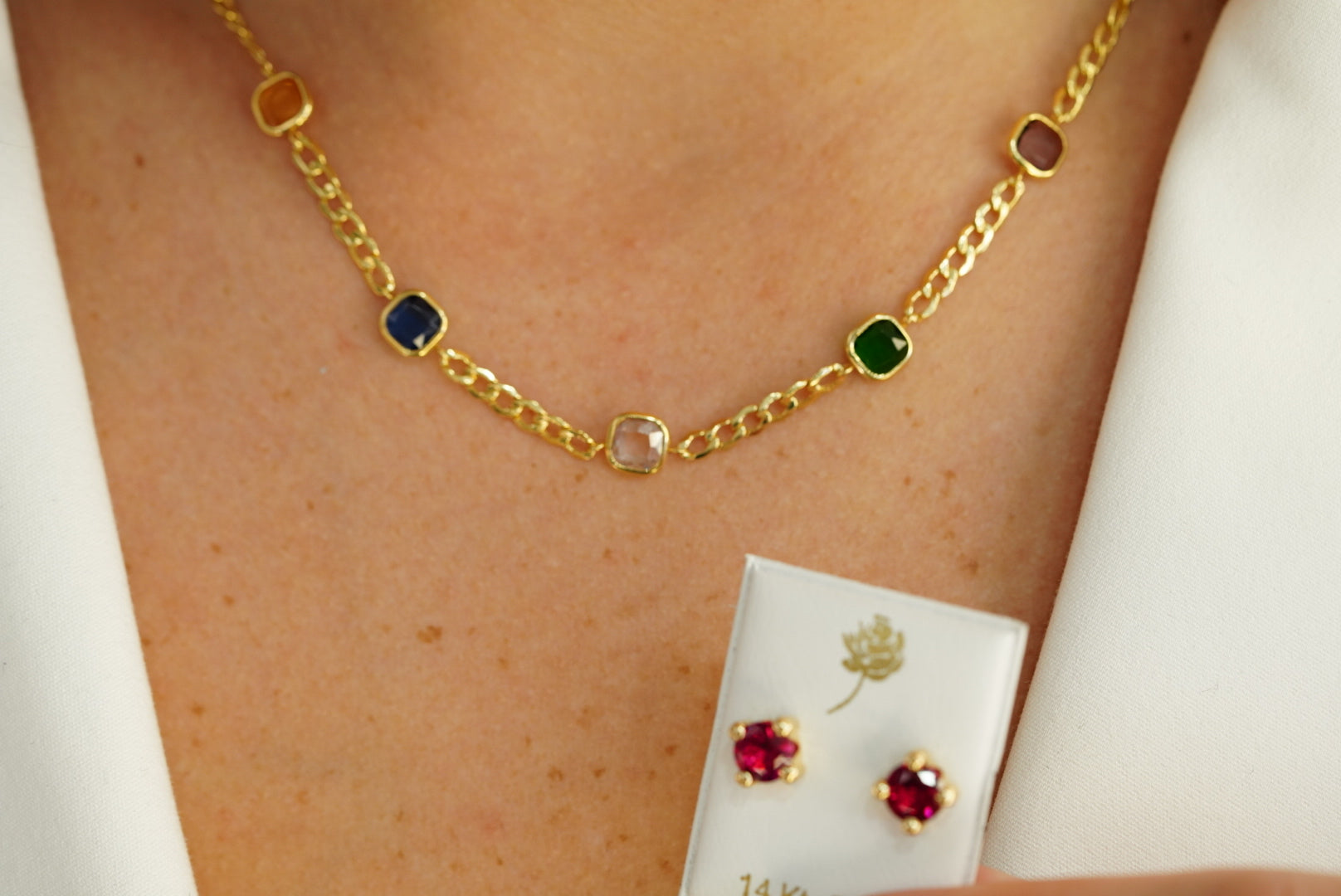14k Color Stones Necklace, Bracelet and FREE Earring