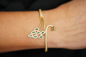 14k Peacock with Green Crystals Bangle Bracelet