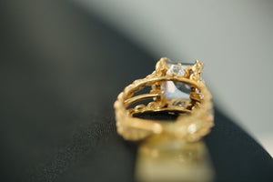 14k Square Light Blue Crystal with Gold Designs Ring