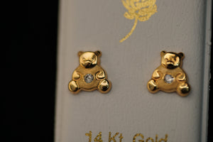 14KT Small Bear with Crystal Earrings