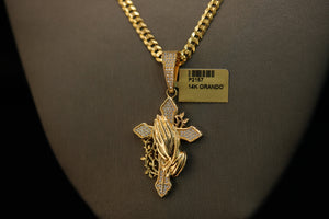 14KT Cross with Praying Hands Pendant