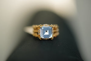 14k Square Light Blue Crystal with Gold Designs Ring