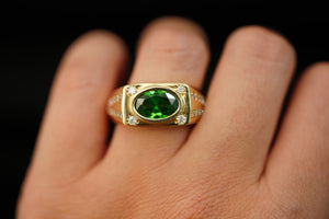 14k Rectangular with Green Oval Crystal Ring