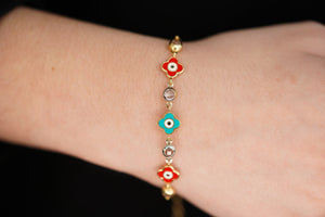 14k Flower Red and Blue Eye Bracelet
