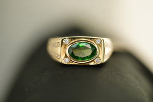 14k Rectangular with Green Oval Crystal Ring